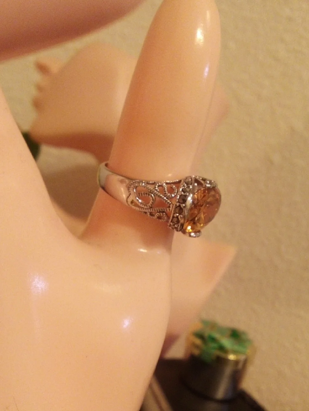 Vintage-Inspired Silver Ring with Amber-Colored Gemstone